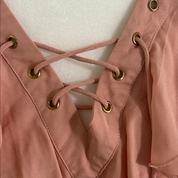 New York & Company Peach Ruffle Lace-Up Blouse - Picture 2 of 6